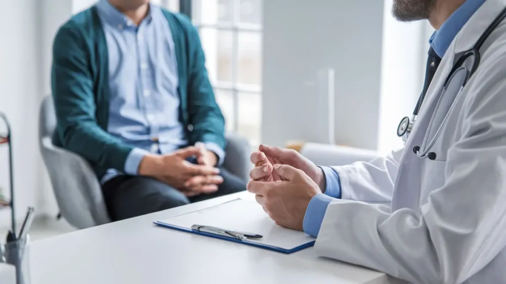 Médico realizando atendimento em consultório da Uniclínica BH, em Venda Nova.